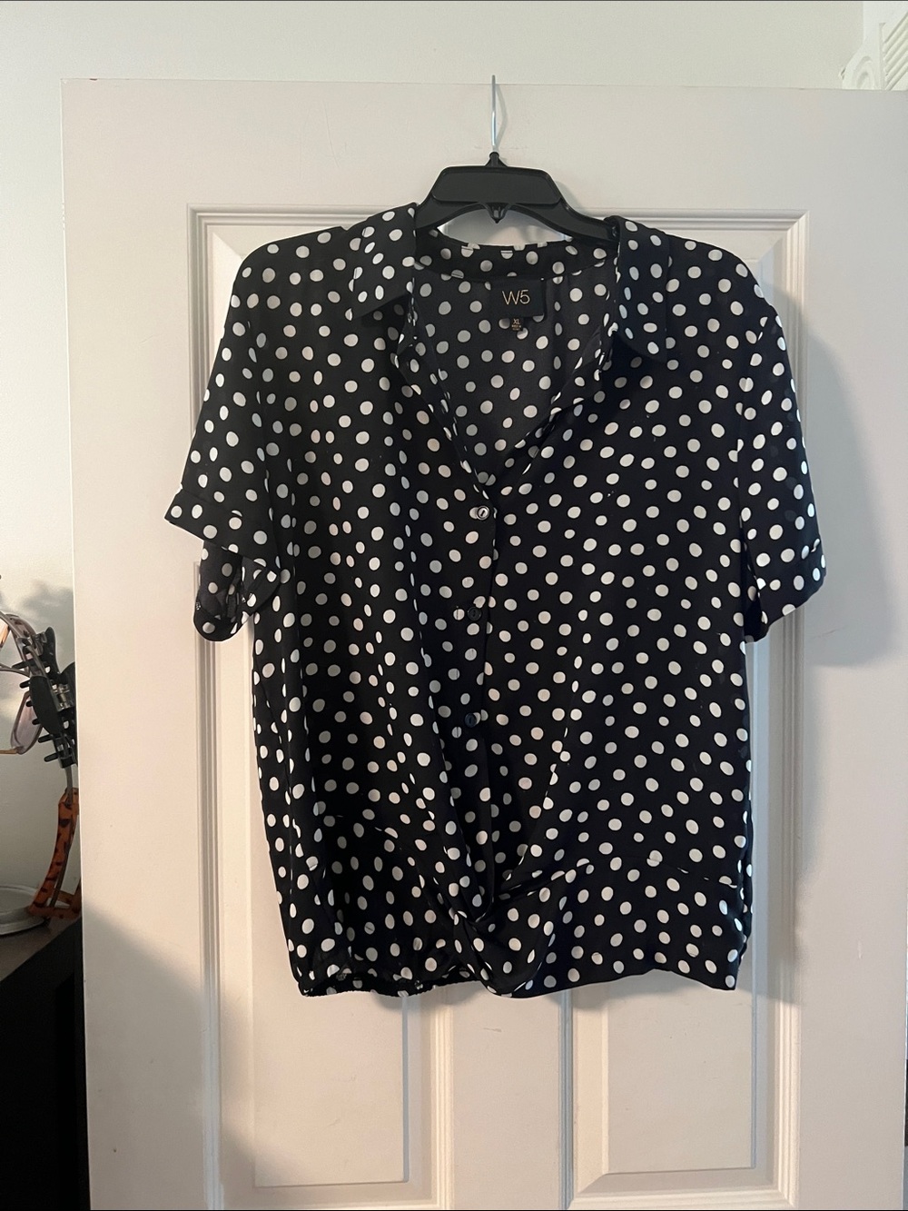 W5 Black and White Polka Dot Button-Front Short Sleeve Top